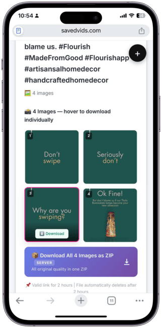 Click your preferred quality button and save the carousel or image to your device.